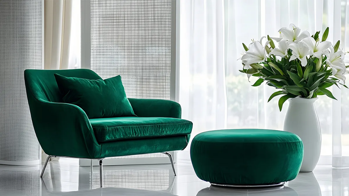 Emerald green luxury living room with white flowers for Mansfield TX DFW real estate services by O’Reilly Realty Group