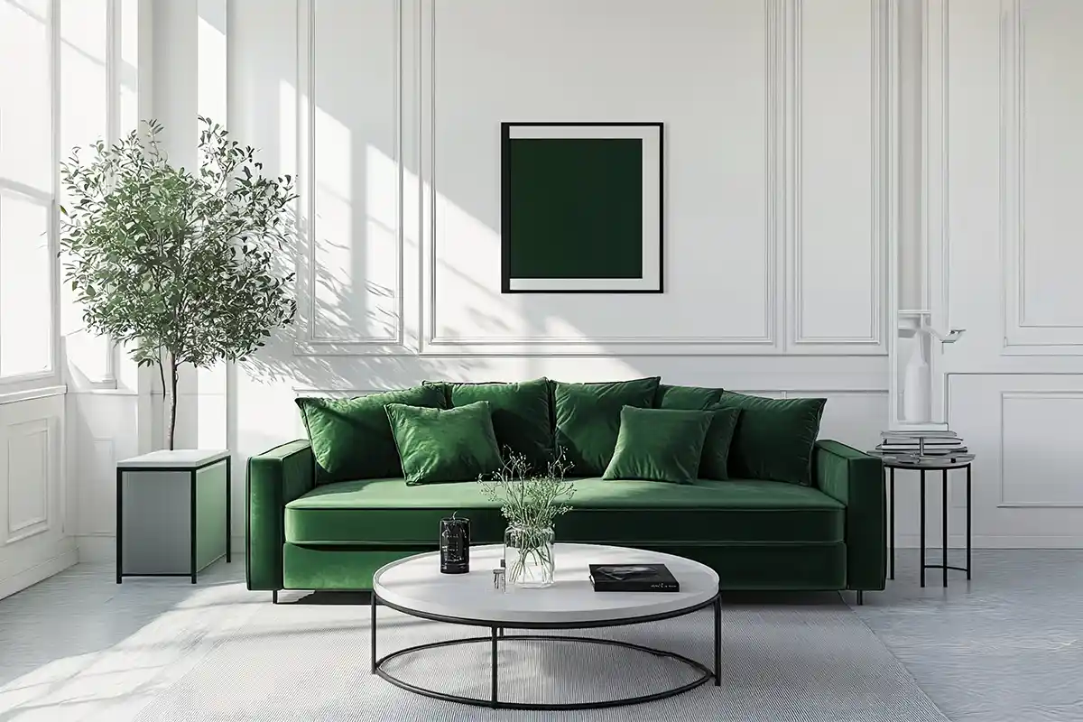 Emerald green sofa in a luxury living room for Mansfield TX DFW real estate services by O’Reilly Realty Group