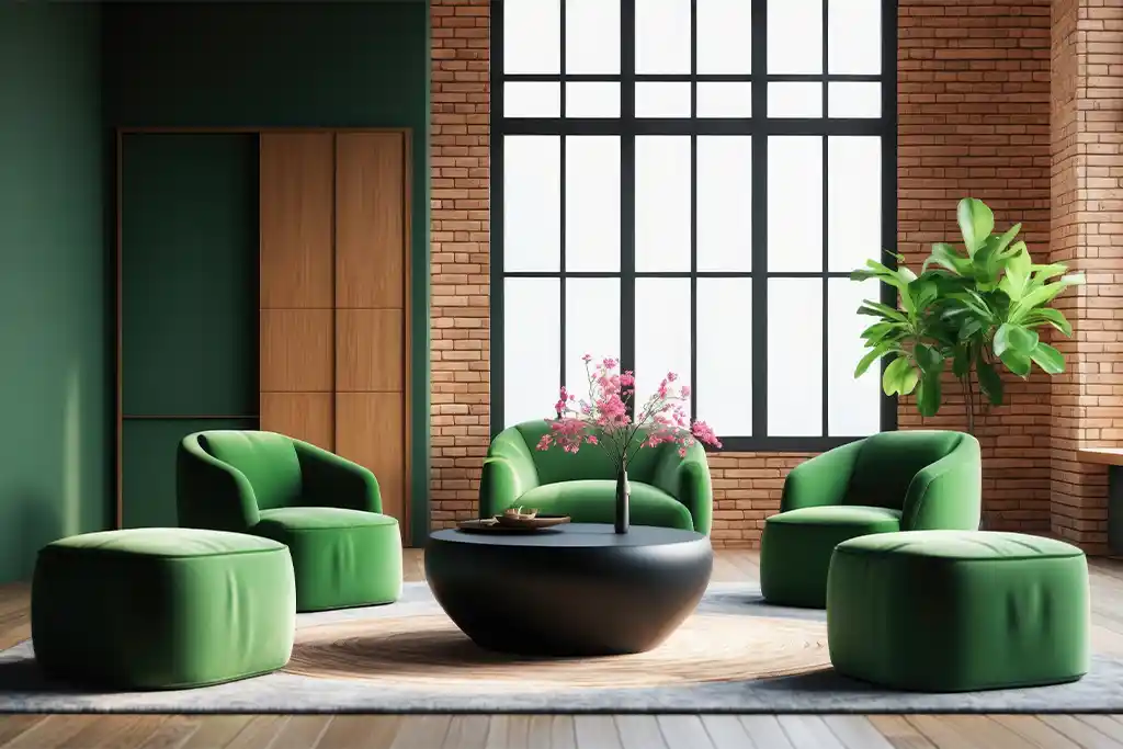 Green Modern Lounge Interior Brick Accent Wall