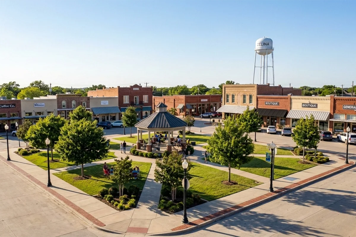 Celina Texas Downtown Square Daytime Park Gazebo Shops and Water Tower DFW Homes For Sale