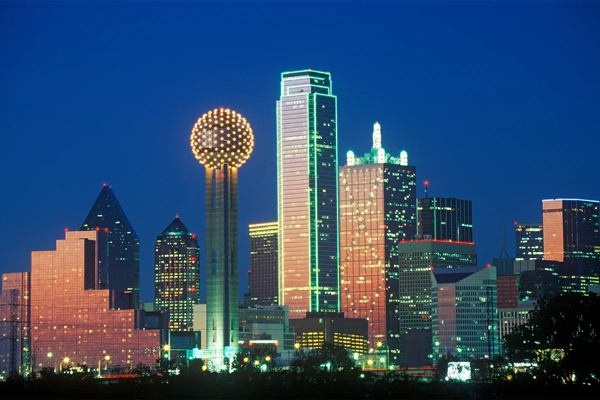 Dallas Texas Reunion Tower Skyline at Night Downtown DFW Homes For Sale City Lights