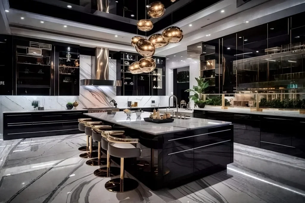 Luxury Kitchen Black Gold Marble Island DFW Homes For Sale