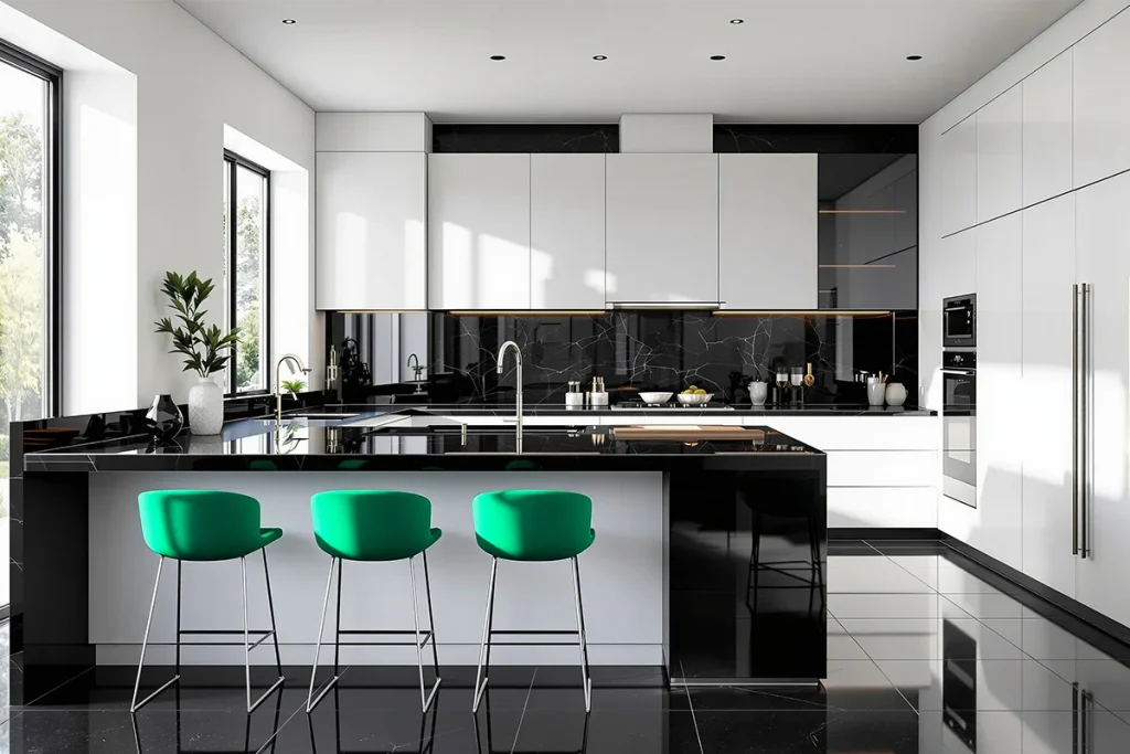 Modern Kitchen Black White Marble Island Green Barstools DFW Homes For Sale