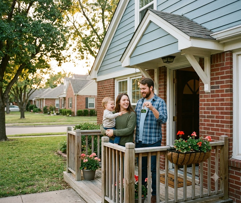 First time home buyers receiving keys to their new Mansfield, TX home