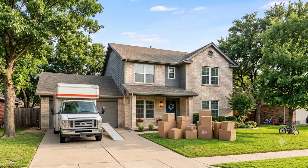 Moving truck parked outside a new home in Dallas Fort Worth