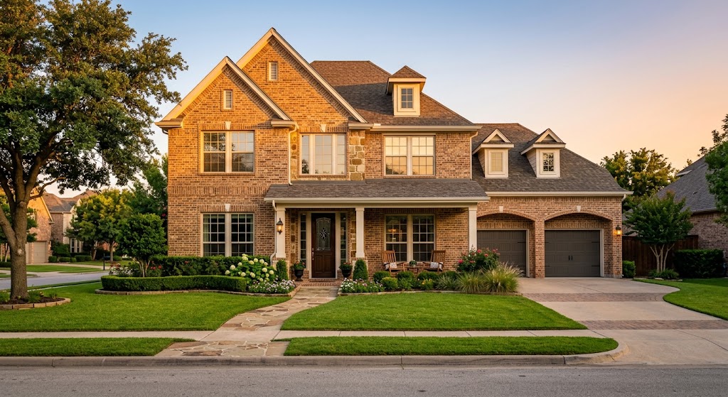 Clean exterior of a single story or two story brick Texas home at golden hour,